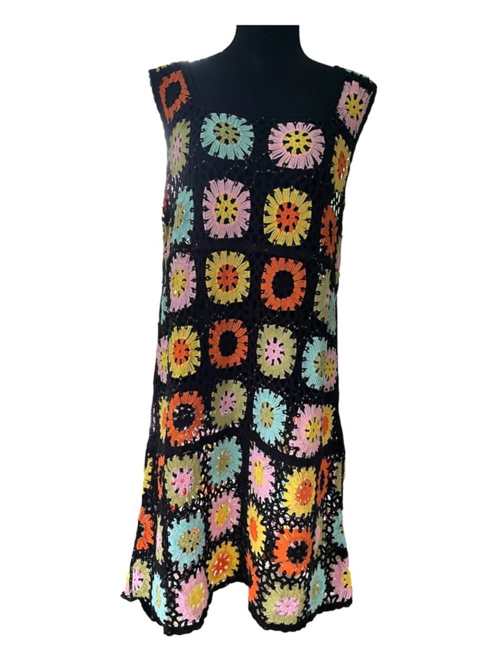 India Boutique Pink, Yellow & Mint Crochet Dress w/Black Accents Granny Square